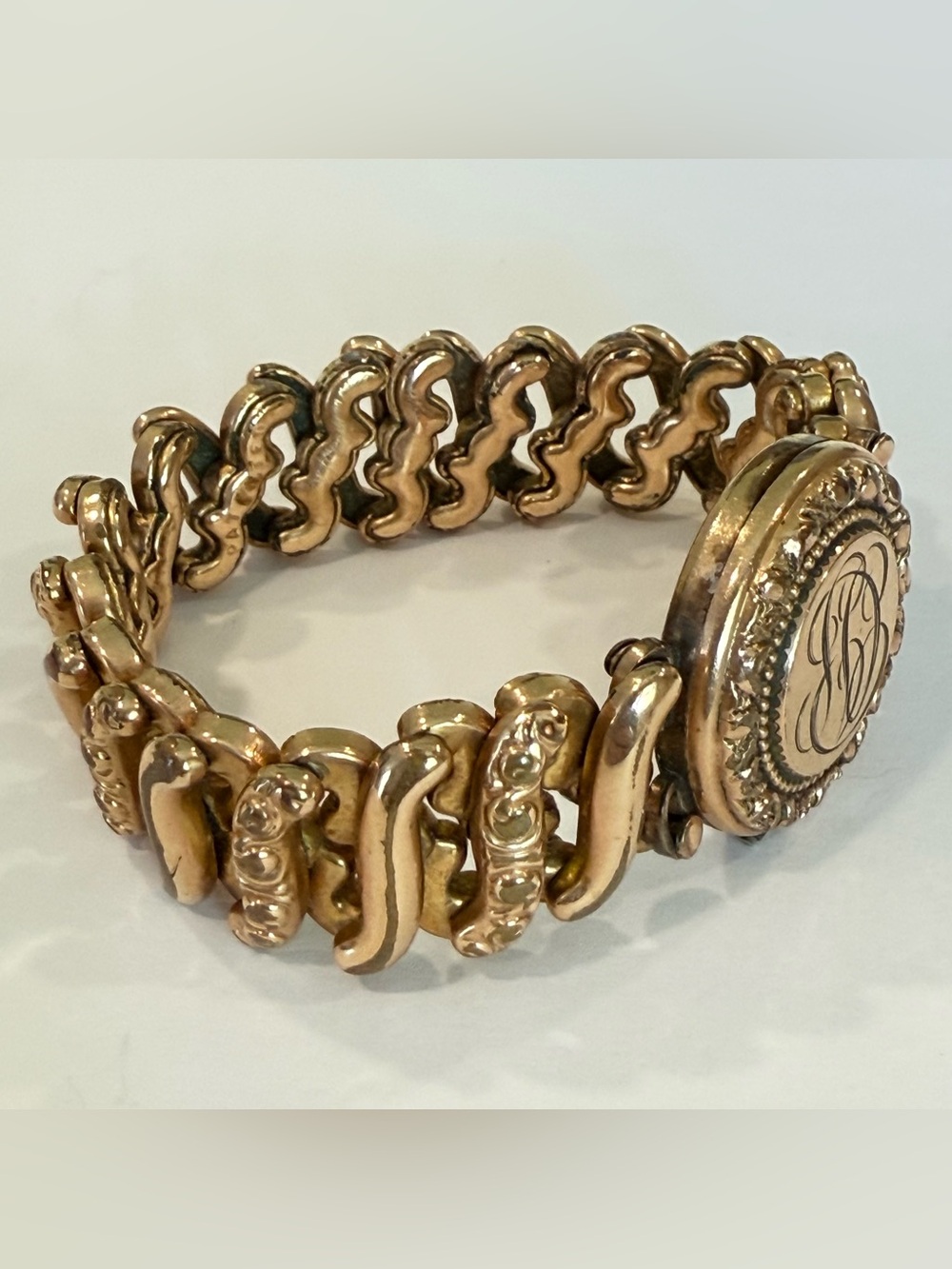 Vintage Rolled Gold Expansion Bracelet Photo Locket Monogram Victorian Style - Picture 8 of 16